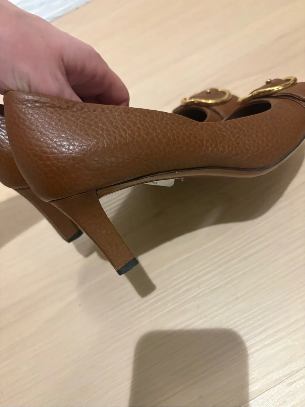 Gucci Tan Leather Heels with Gold Buckle Detail
